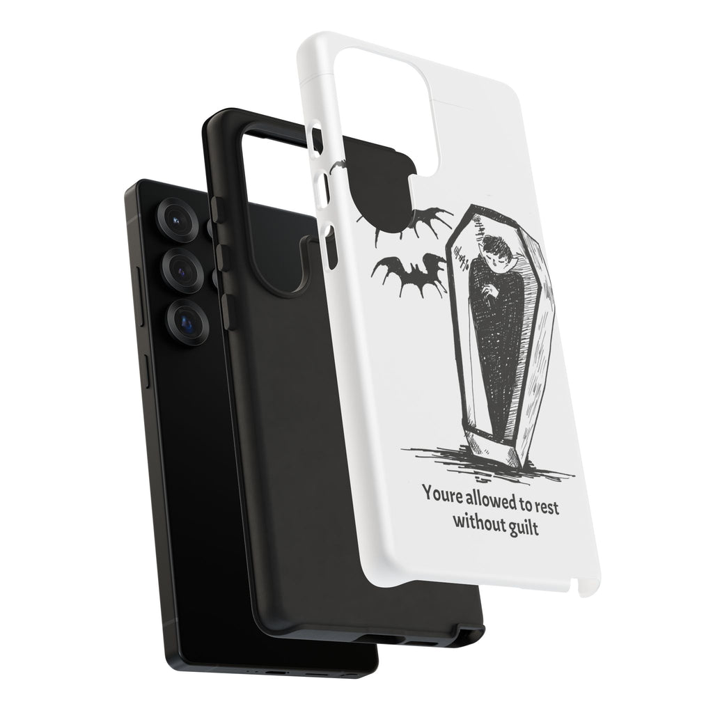 Phone Case Goth Coffin Illustration with “You’re allowed to rest without guilt”