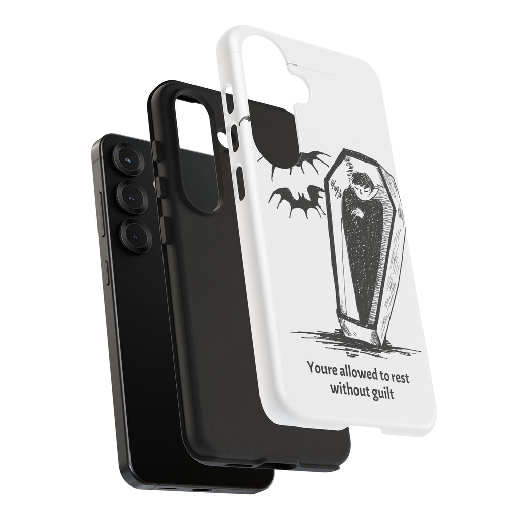 Phone Case Goth Coffin Illustration with “You’re allowed to rest without guilt”