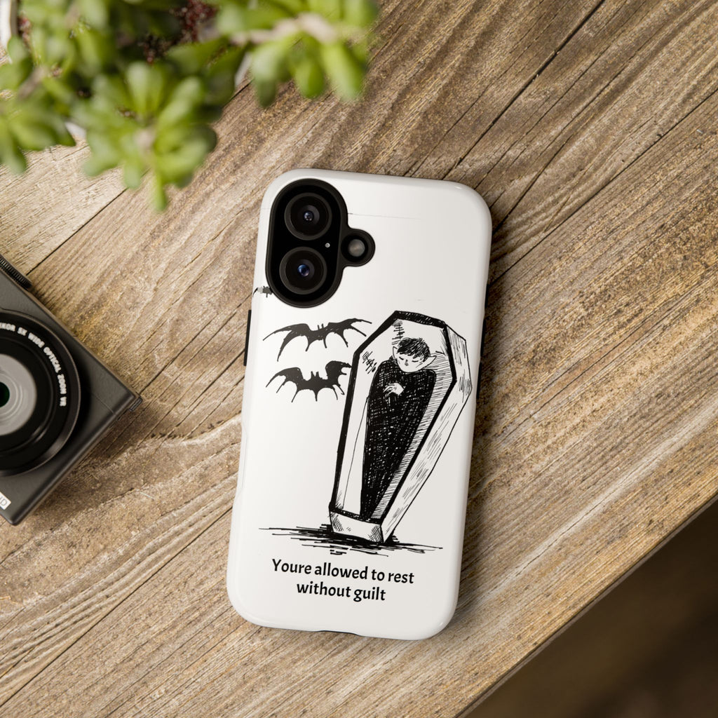 Phone Case Goth Coffin Illustration with “You’re allowed to rest without guilt”
