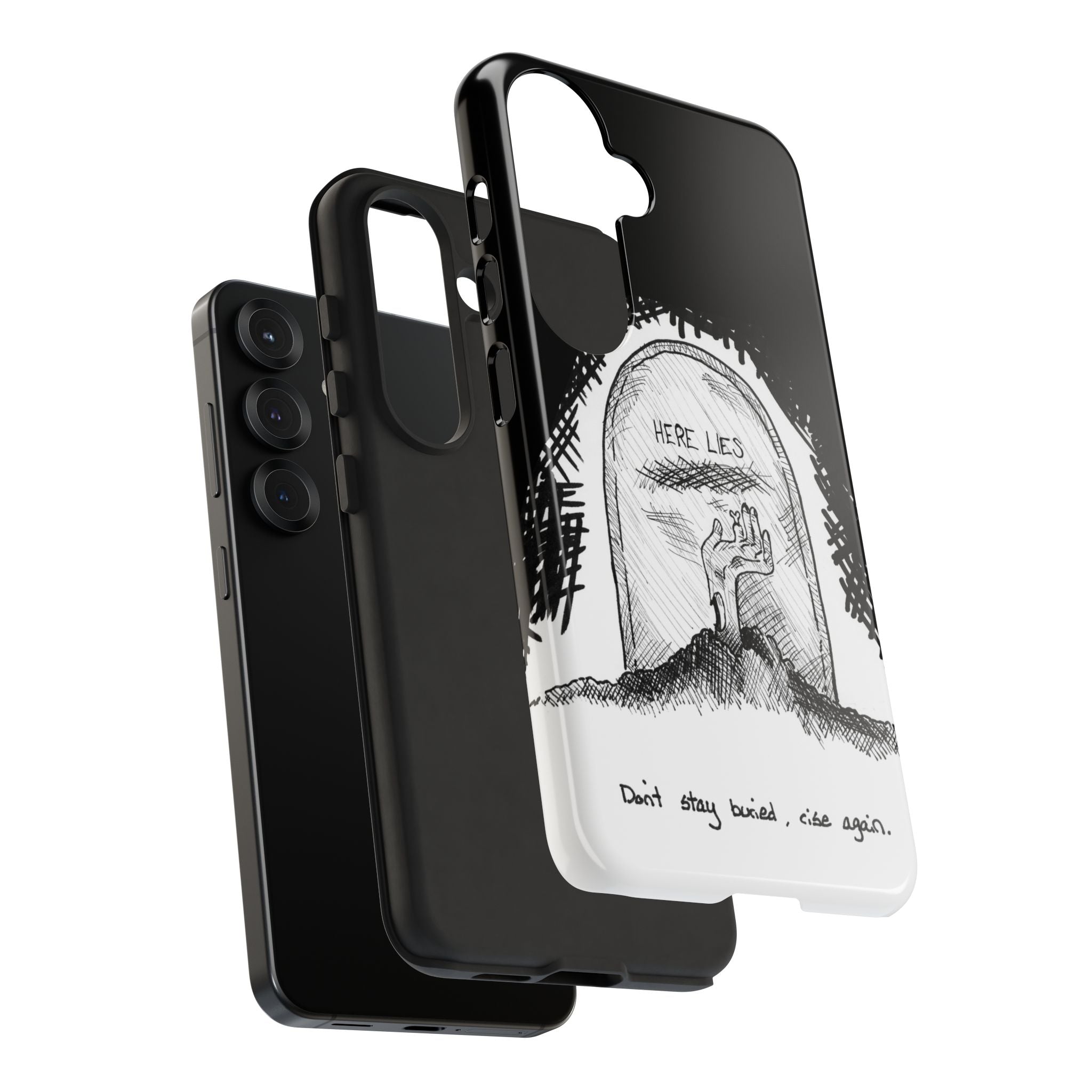 Phone Case 'Here Lies' Gothic Tombstone Design (Don’t Stay Buried, Rise Again)