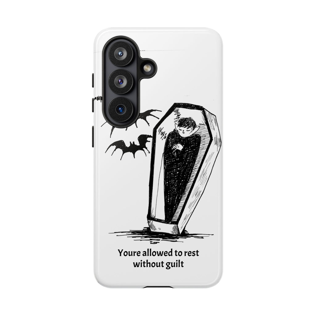 Phone Case Goth Coffin Illustration with “You’re allowed to rest without guilt”