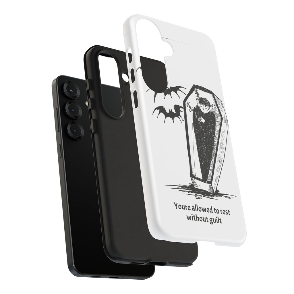 Phone Case Goth Coffin Illustration with “You’re allowed to rest without guilt”