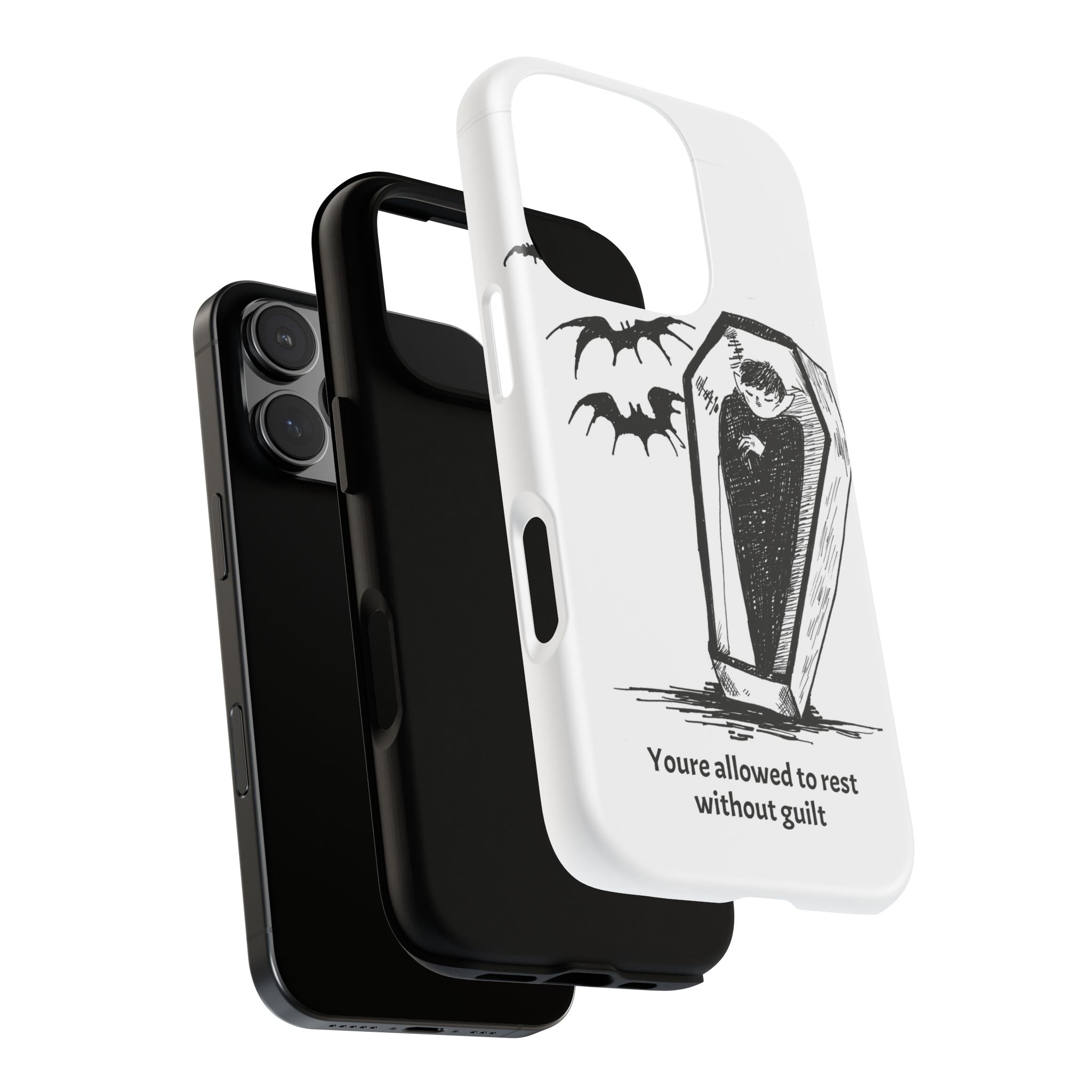 Phone Case Goth Coffin Illustration with “You’re allowed to rest without guilt”