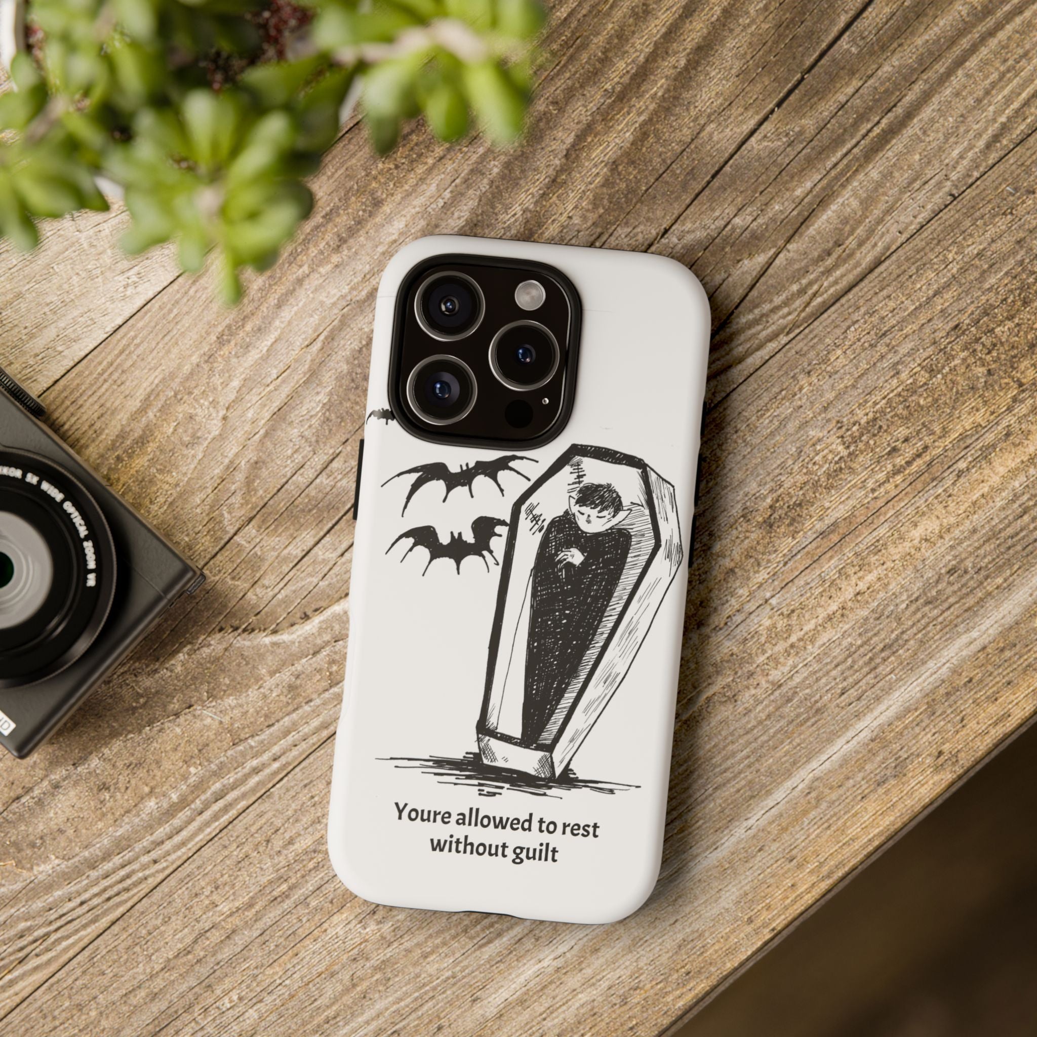 Phone Case Goth Coffin Illustration with “You’re allowed to rest without guilt”