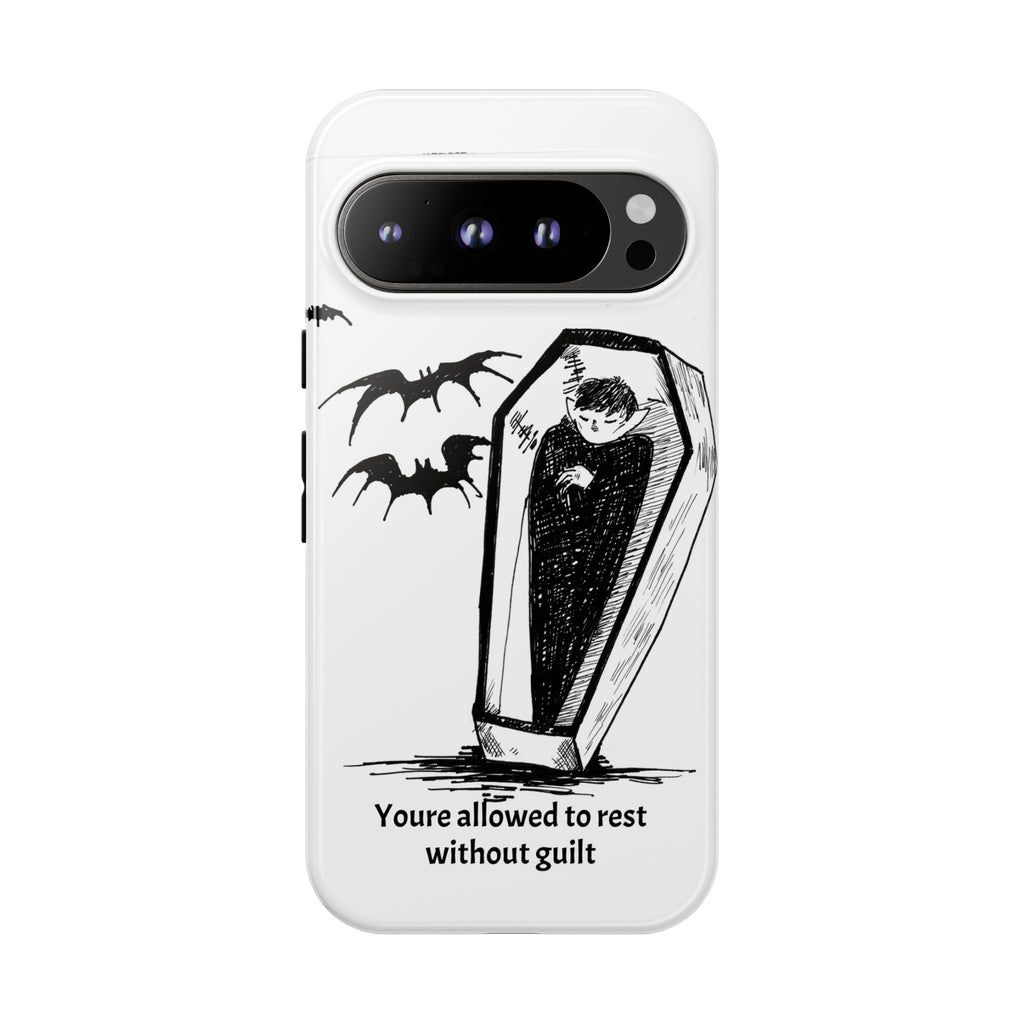 Phone Case Goth Coffin Illustration with “You’re allowed to rest without guilt”