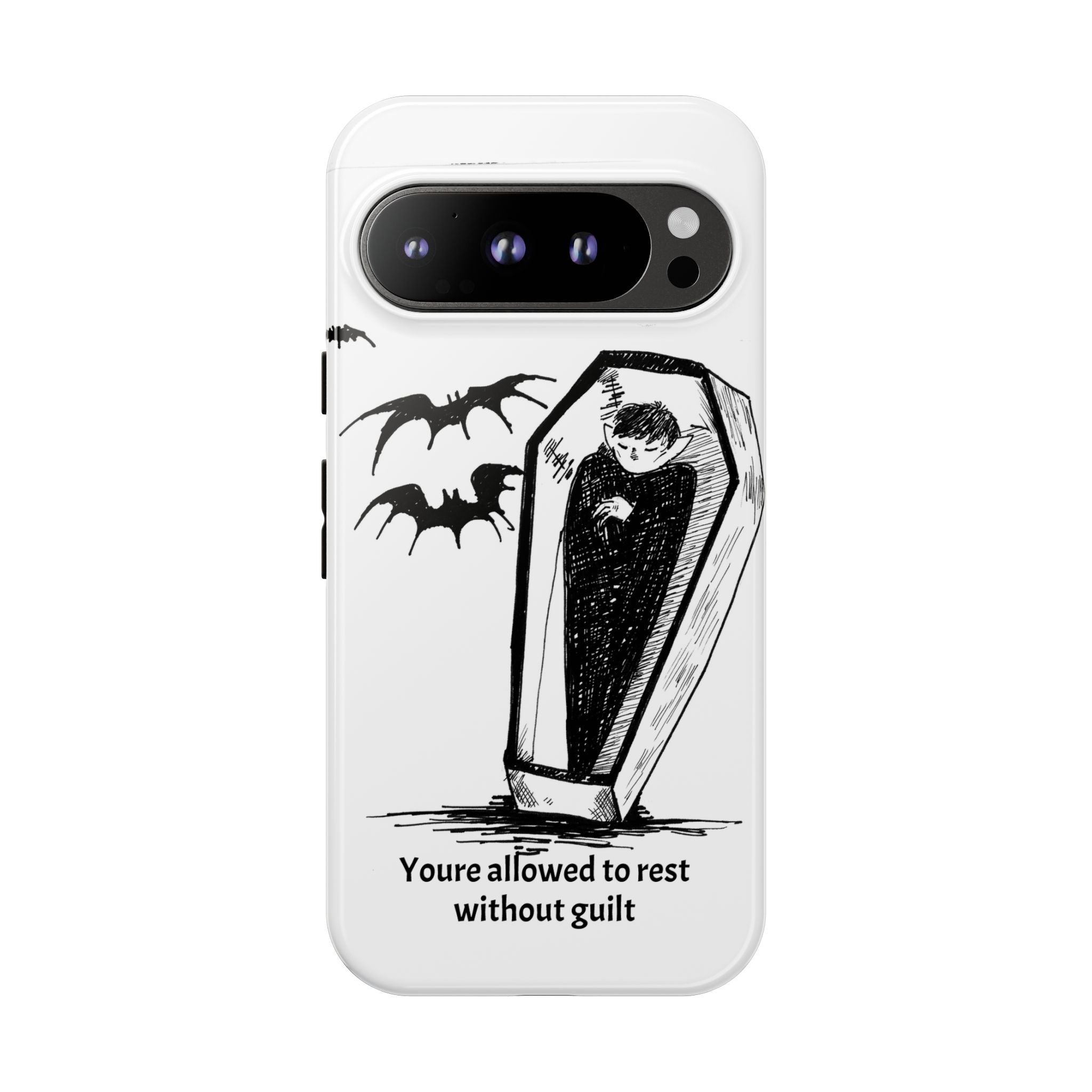 Phone Case Goth Coffin Illustration with “You’re allowed to rest without guilt”