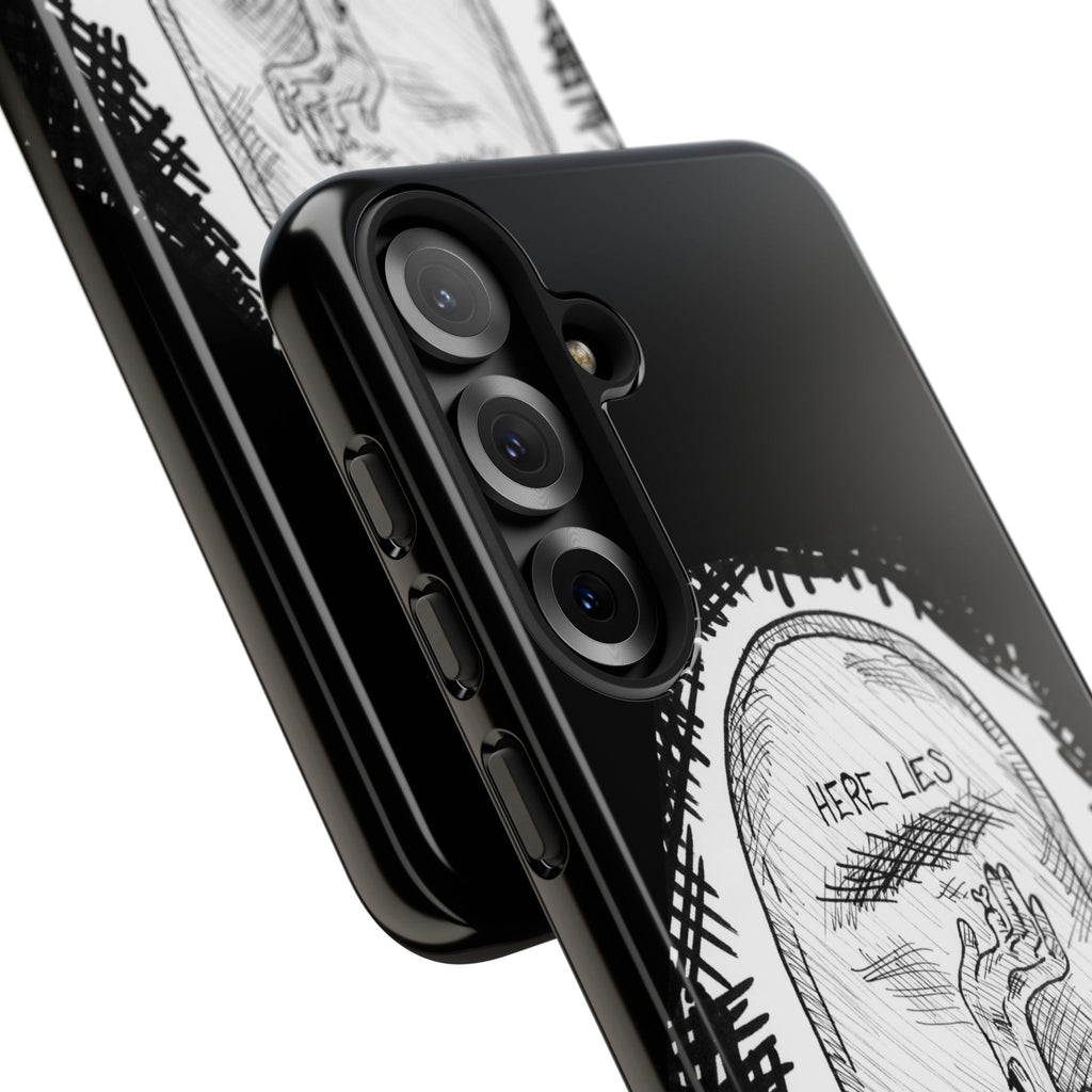 Phone Case 'Here Lies' Gothic Tombstone Design (Don’t Stay Buried, Rise Again)