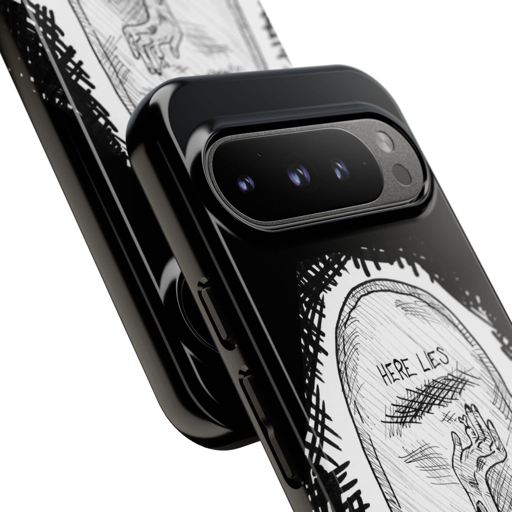 Phone Case 'Here Lies' Gothic Tombstone Design (Don’t Stay Buried, Rise Again)