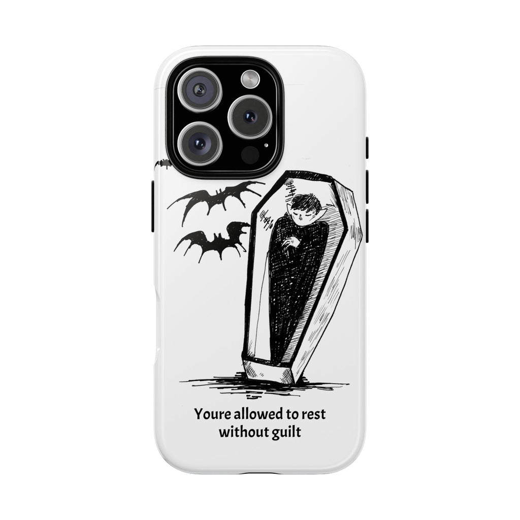 Phone Case Goth Coffin Illustration with “You’re allowed to rest without guilt”