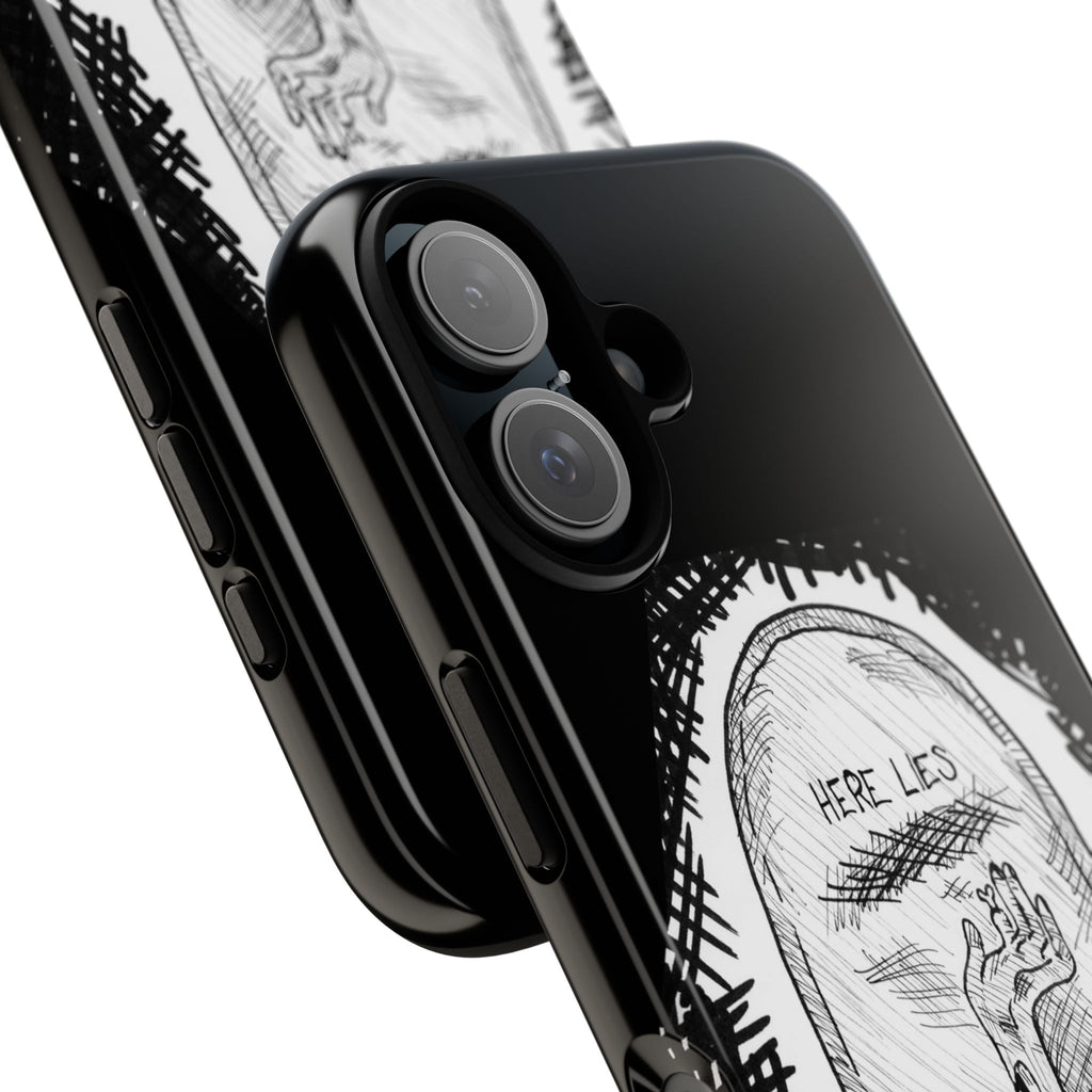 Phone Case 'Here Lies' Gothic Tombstone Design (Don’t Stay Buried, Rise Again)