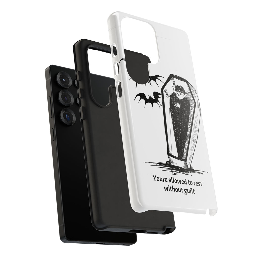 Phone Case Goth Coffin Illustration with “You’re allowed to rest without guilt”