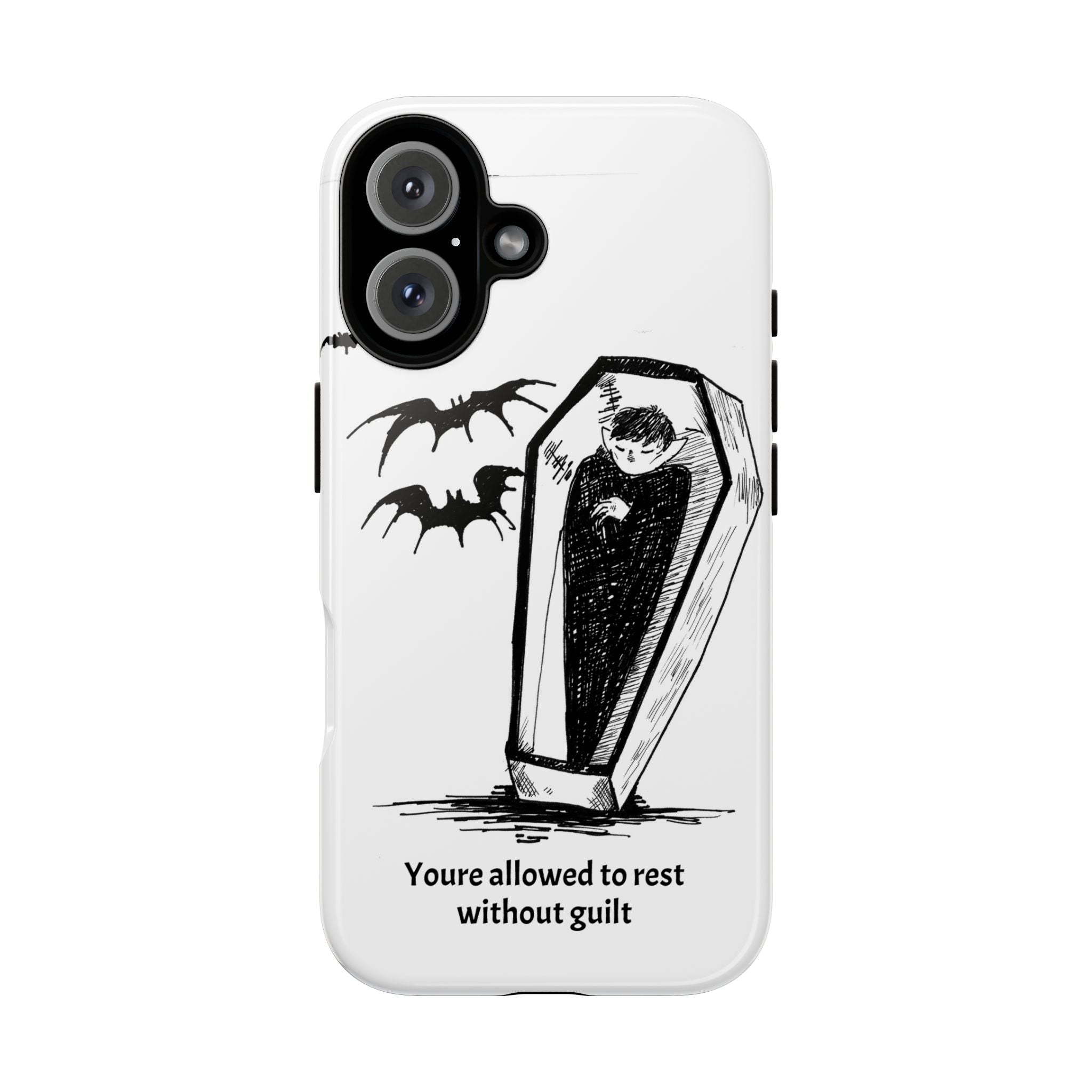 Phone Case Goth Coffin Illustration with “You’re allowed to rest without guilt”
