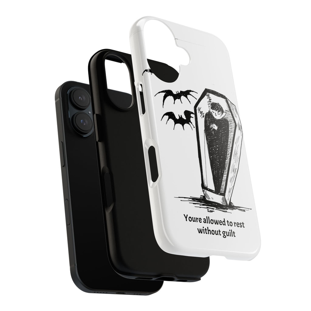 Phone Case Goth Coffin Illustration with “You’re allowed to rest without guilt”