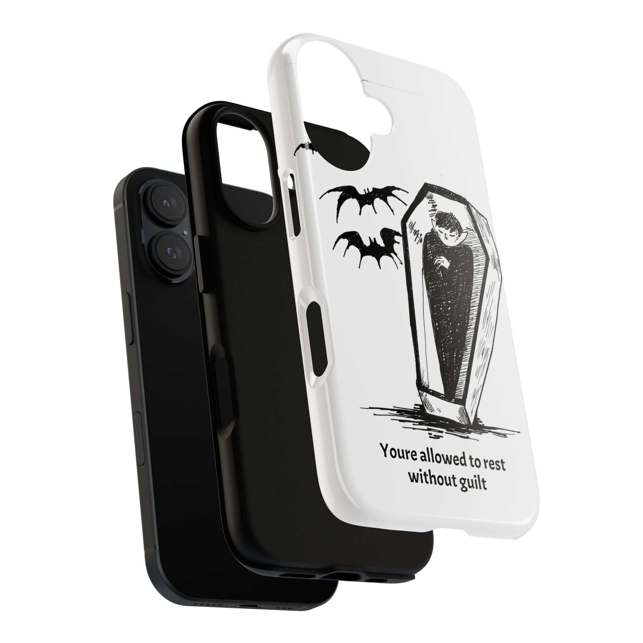 Phone Case Goth Coffin Illustration with “You’re allowed to rest without guilt”