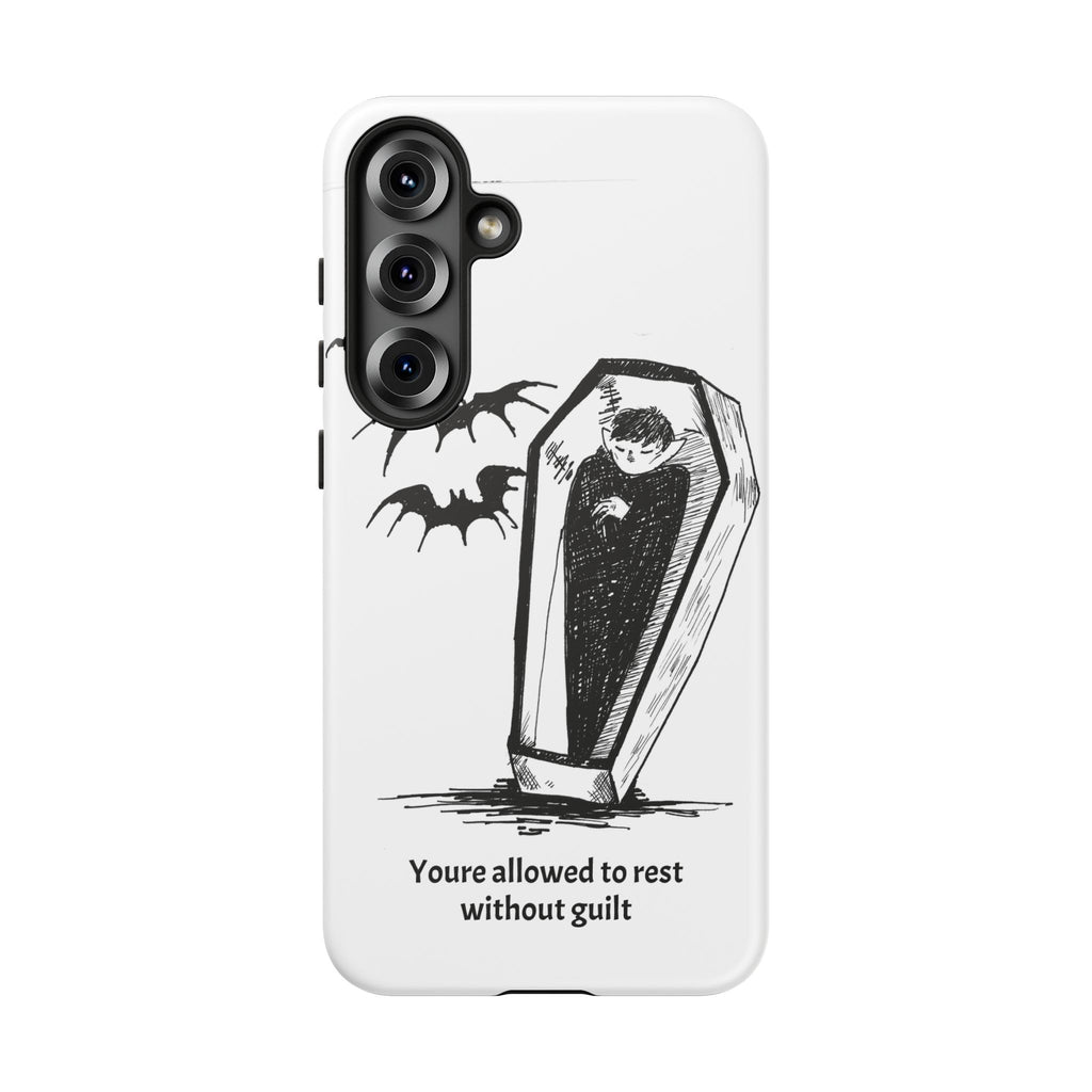 Phone Case Goth Coffin Illustration with “You’re allowed to rest without guilt”