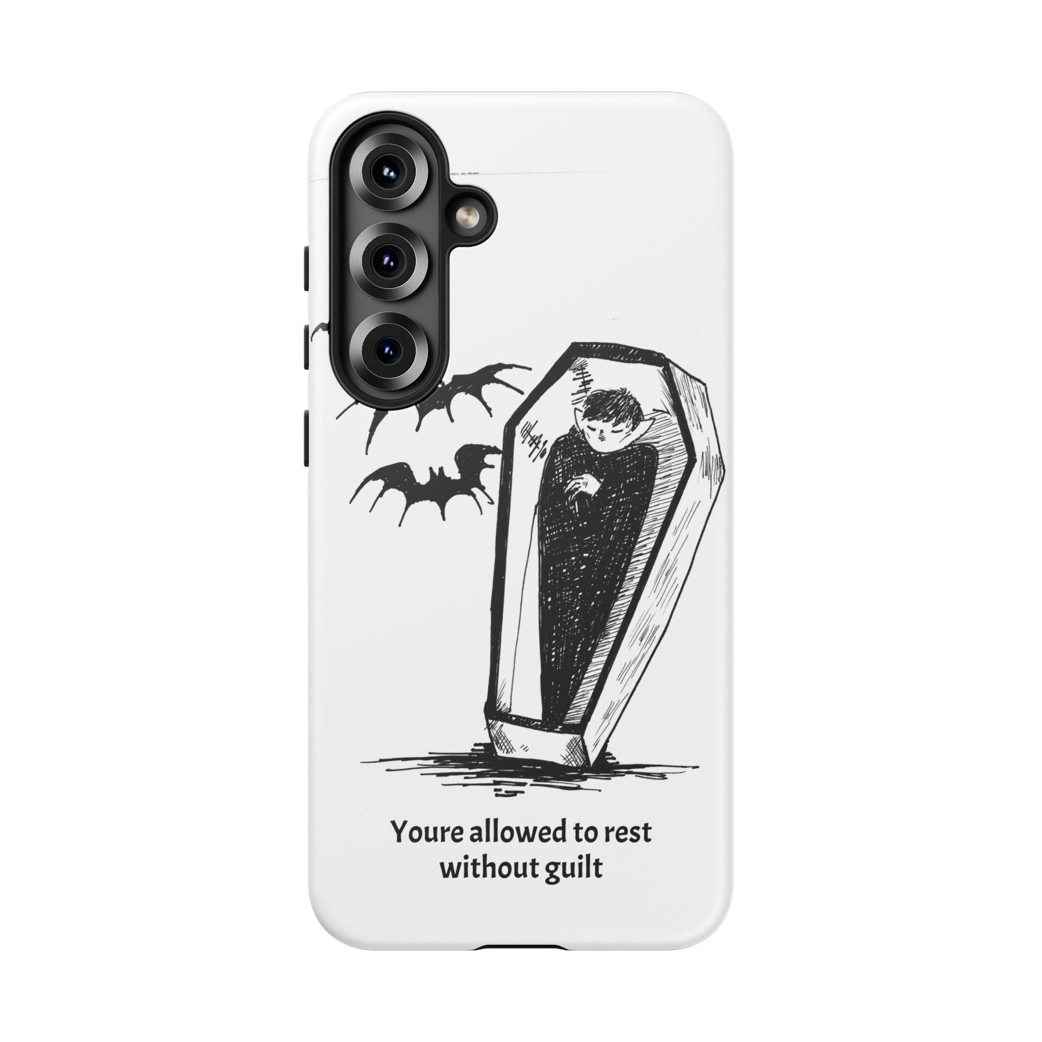 Phone Case Goth Coffin Illustration with “You’re allowed to rest without guilt”