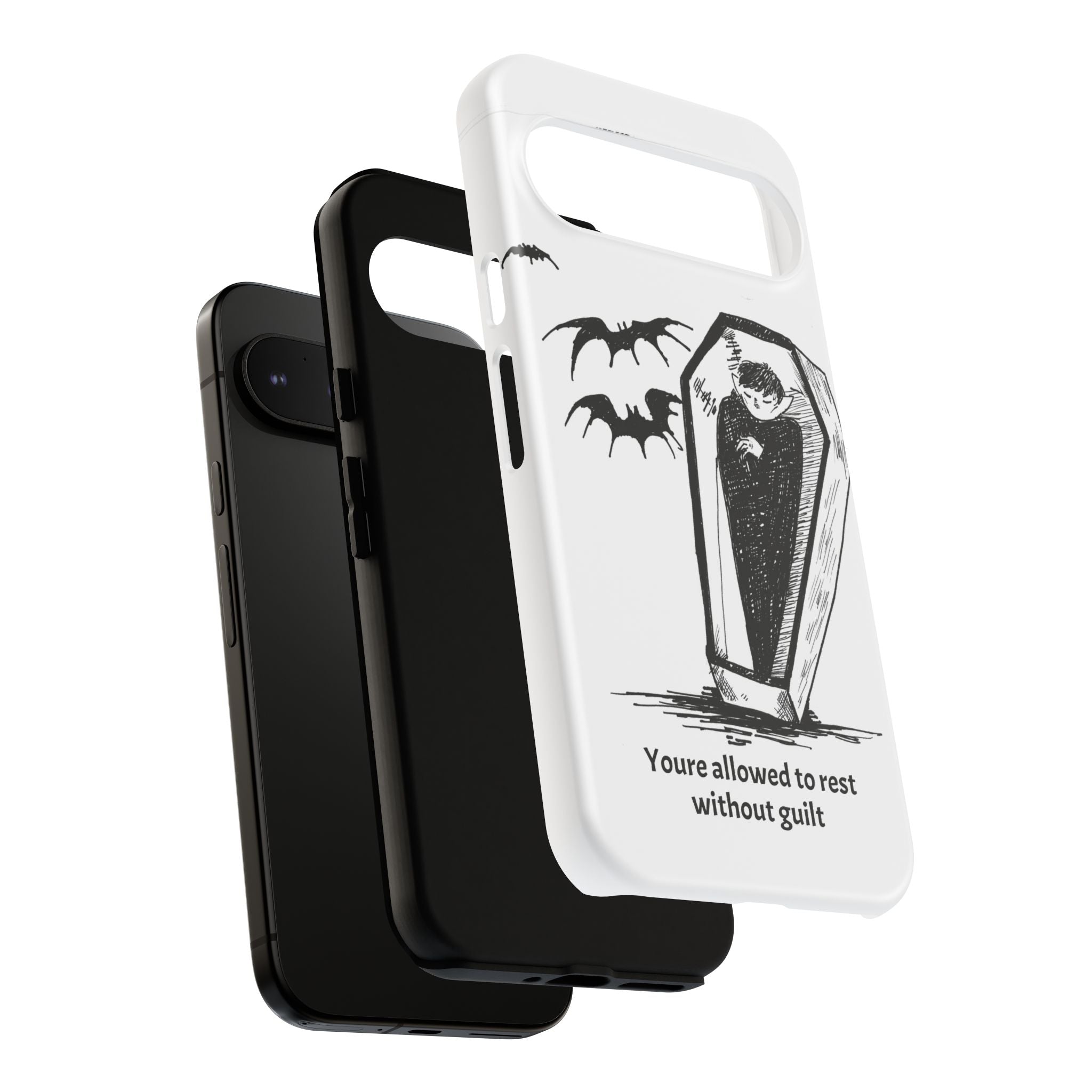 Phone Case Goth Coffin Illustration with “You’re allowed to rest without guilt”