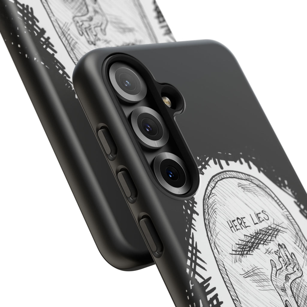 Phone Case 'Here Lies' Gothic Tombstone Design (Don’t Stay Buried, Rise Again)
