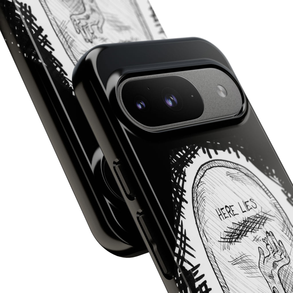Phone Case 'Here Lies' Gothic Tombstone Design (Don’t Stay Buried, Rise Again)