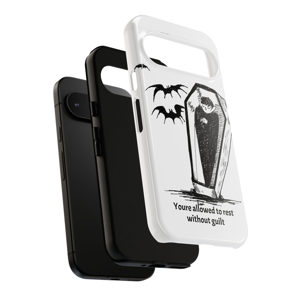 Phone Case Goth Coffin Illustration with “You’re allowed to rest without guilt”