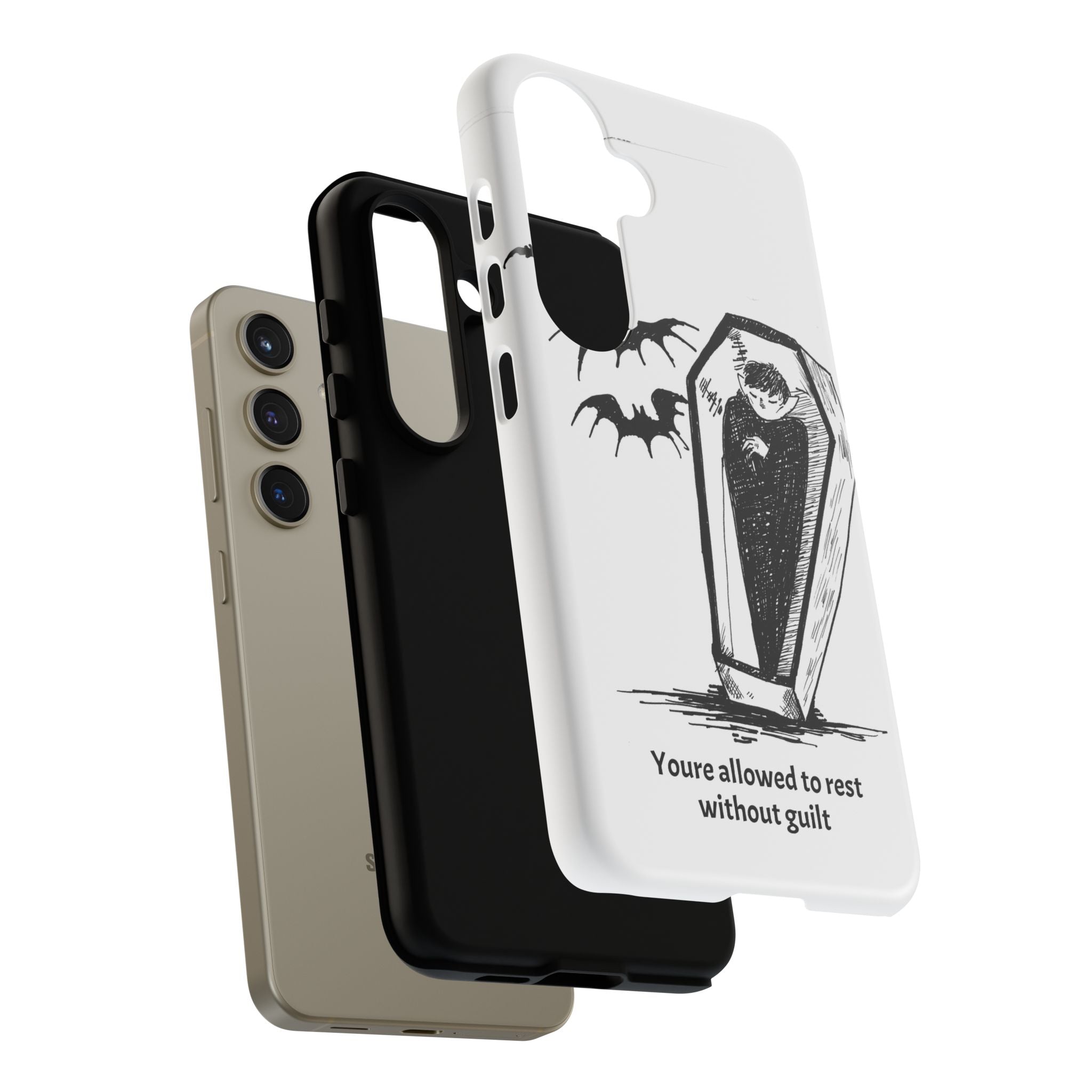 Phone Case Goth Coffin Illustration with “You’re allowed to rest without guilt”