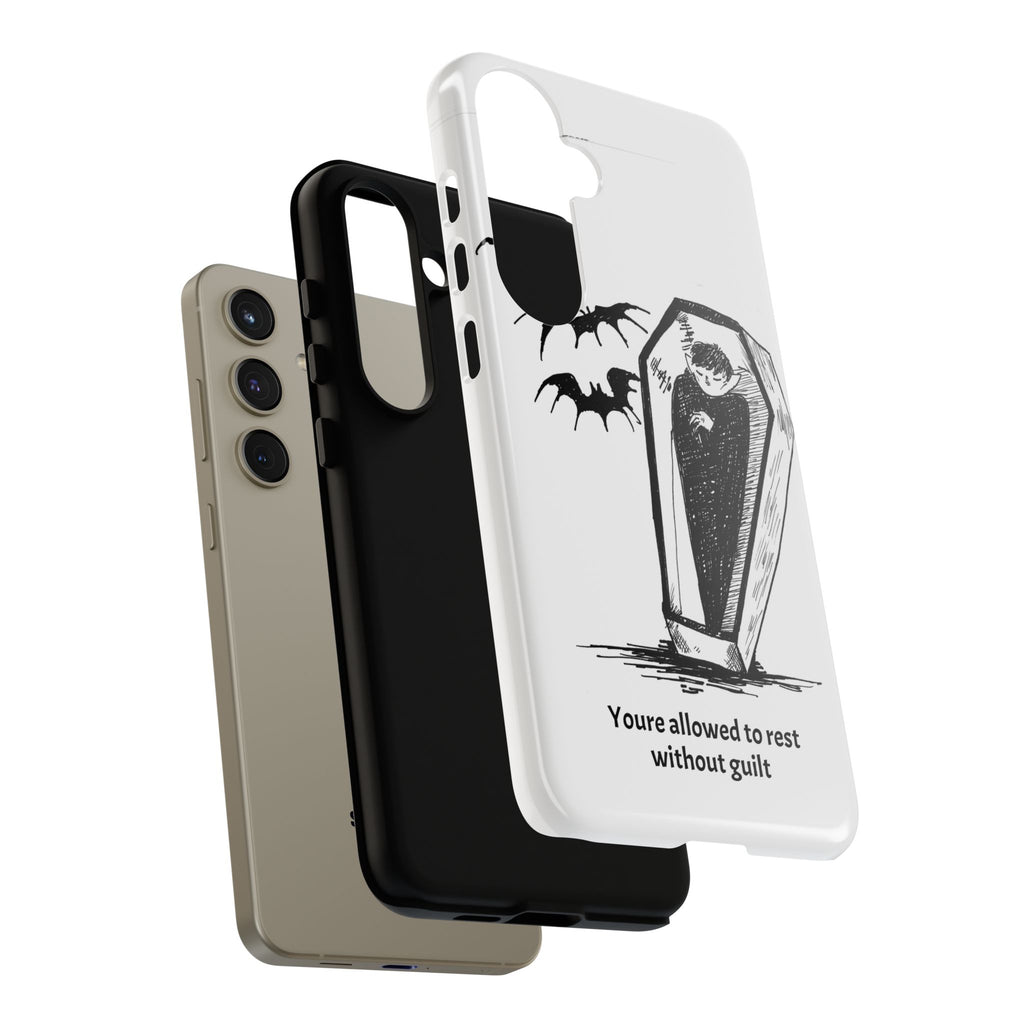 Phone Case Goth Coffin Illustration with “You’re allowed to rest without guilt”