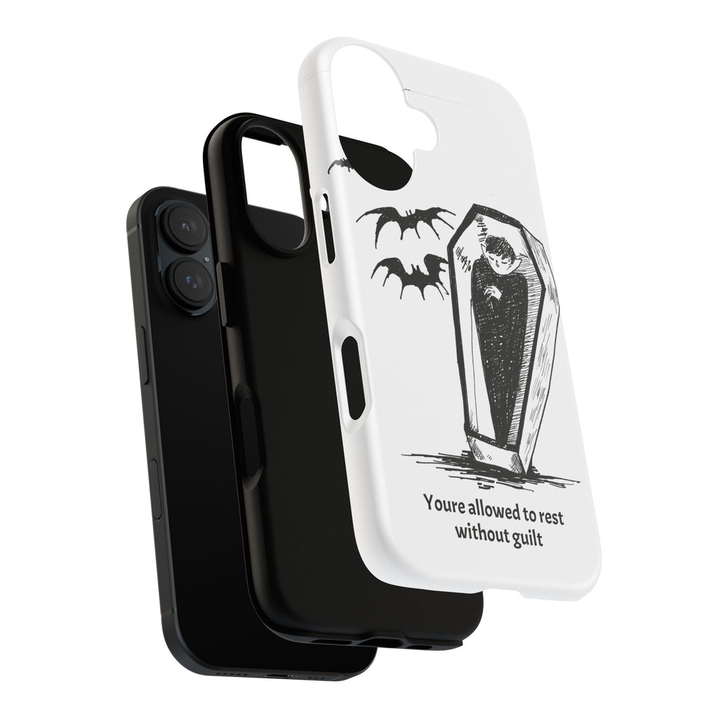 Phone Case Goth Coffin Illustration with “You’re allowed to rest without guilt”