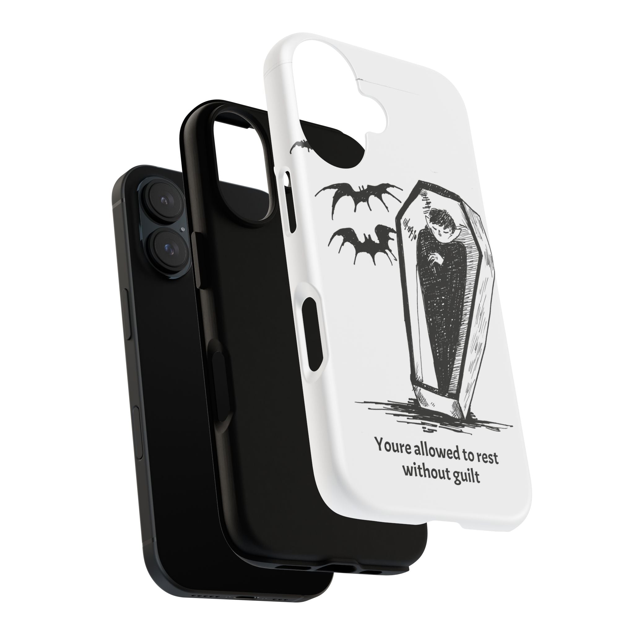 Phone Case Goth Coffin Illustration with “You’re allowed to rest without guilt”