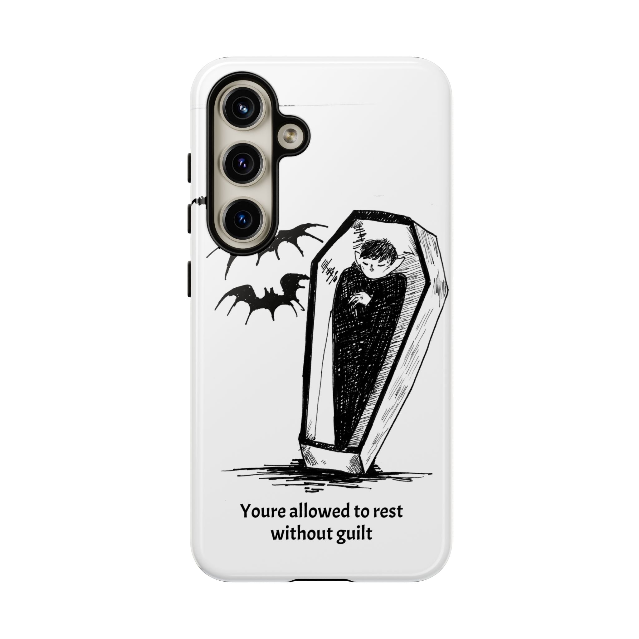 Phone Case Goth Coffin Illustration with “You’re allowed to rest without guilt”