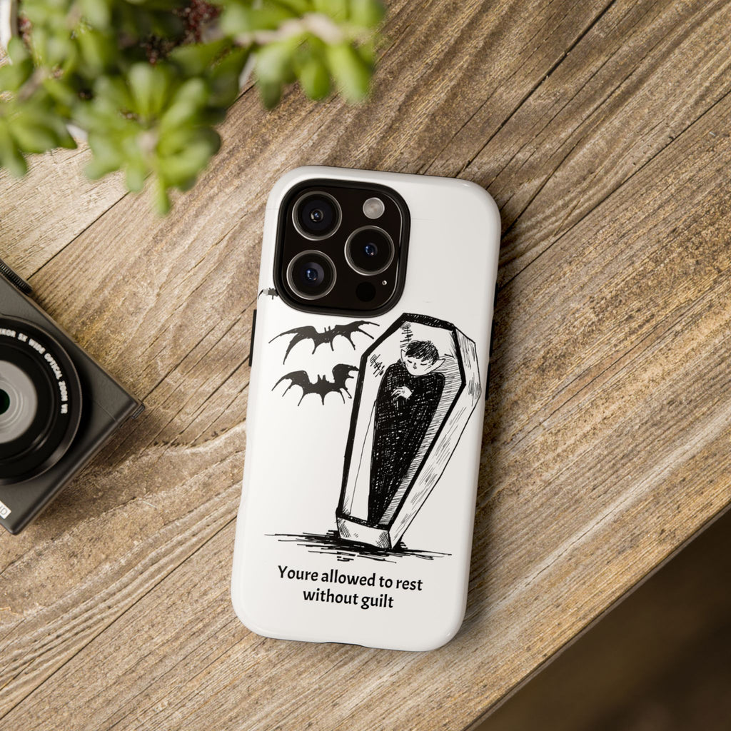 Phone Case Goth Coffin Illustration with “You’re allowed to rest without guilt”