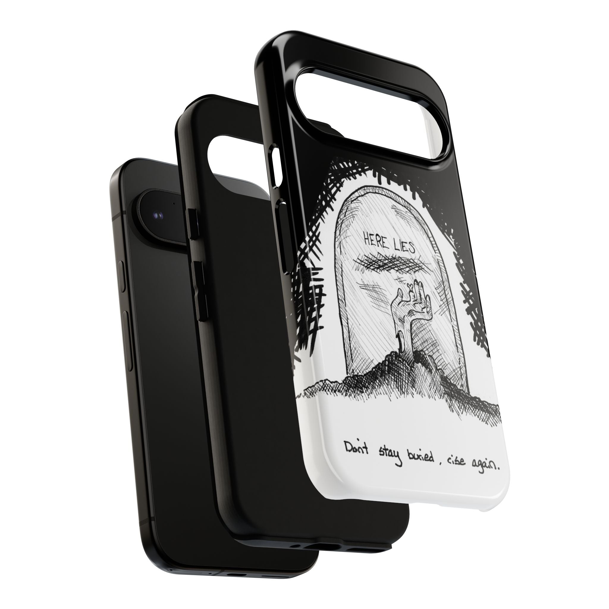 Phone Case 'Here Lies' Gothic Tombstone Design (Don’t Stay Buried, Rise Again)