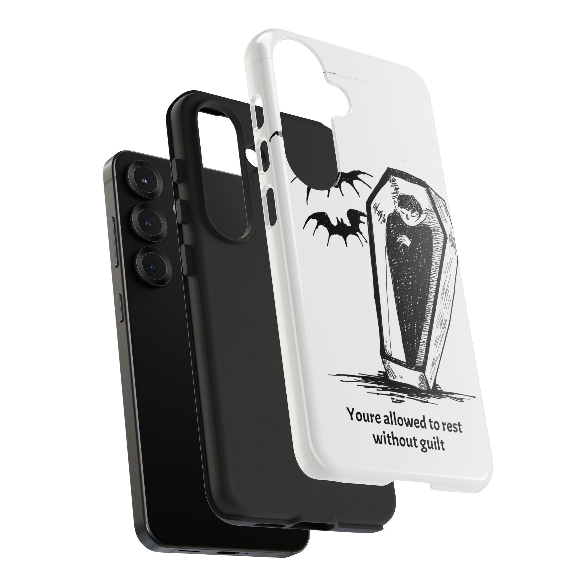 Phone Case Goth Coffin Illustration with “You’re allowed to rest without guilt”