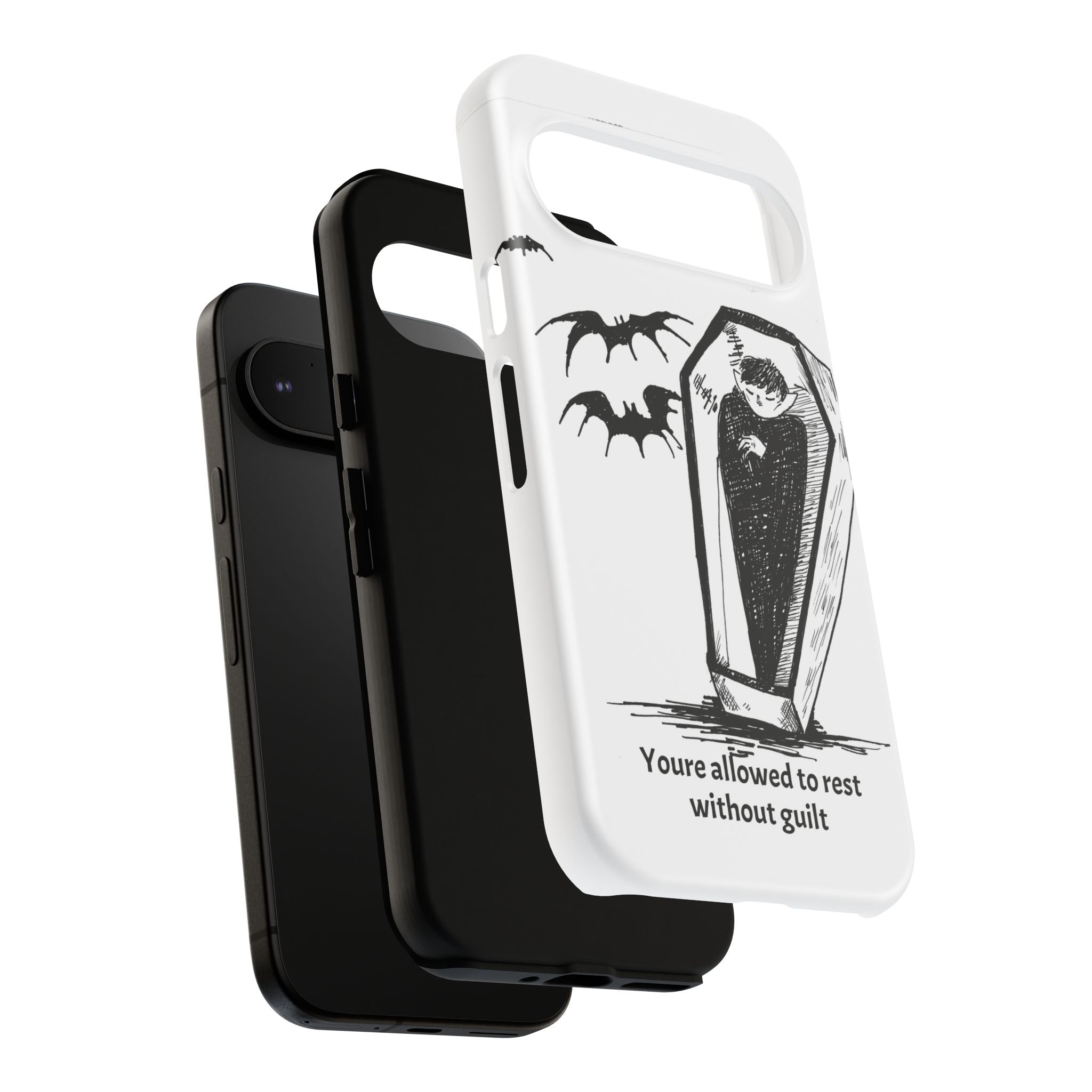 Phone Case Goth Coffin Illustration with “You’re allowed to rest without guilt”