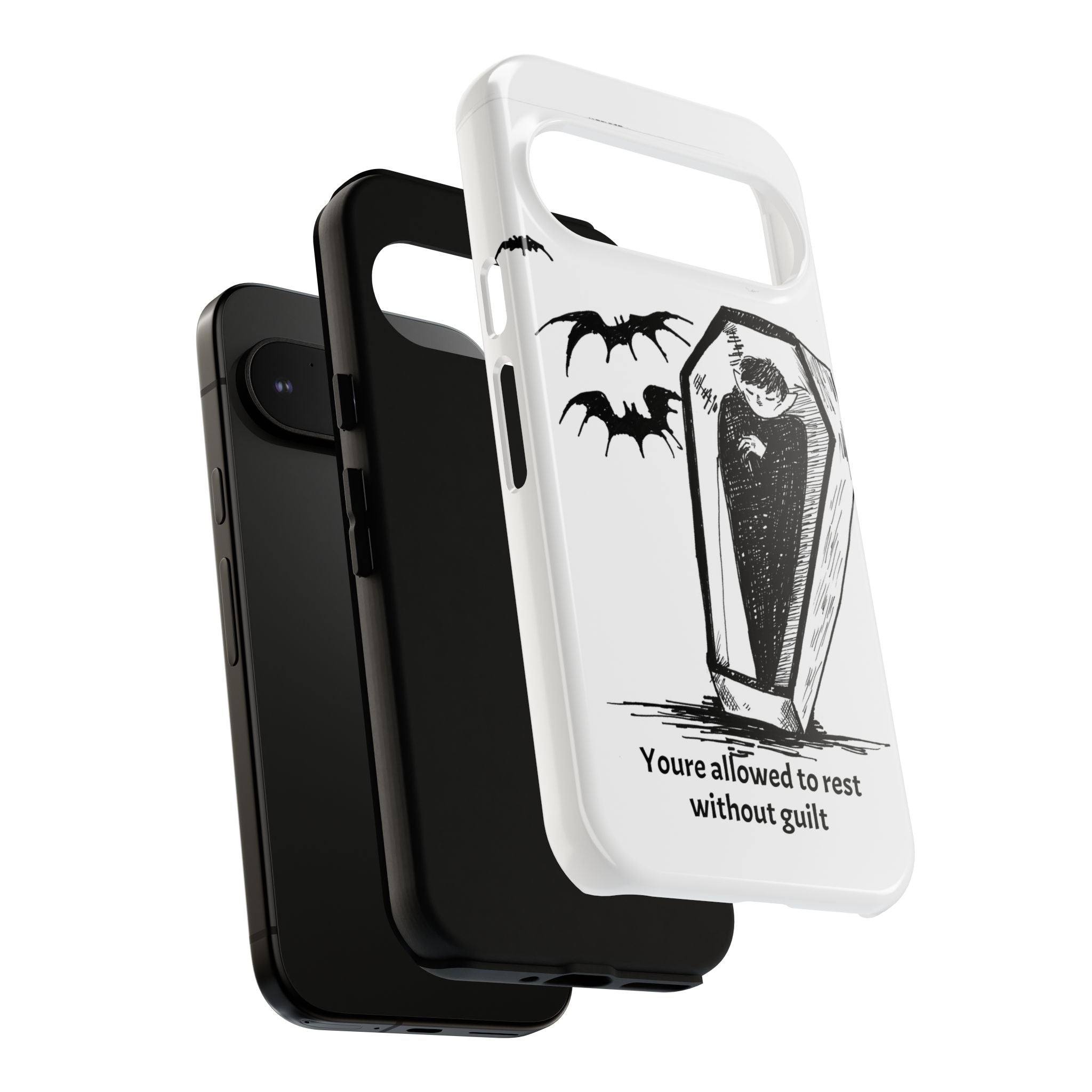 Phone Case Goth Coffin Illustration with “You’re allowed to rest without guilt”