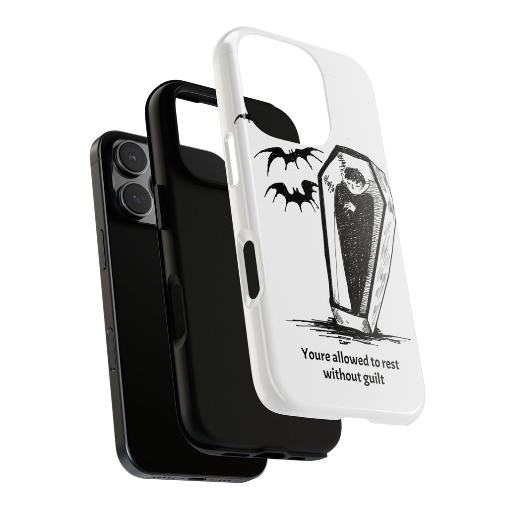 Phone Case Goth Coffin Illustration with “You’re allowed to rest without guilt”