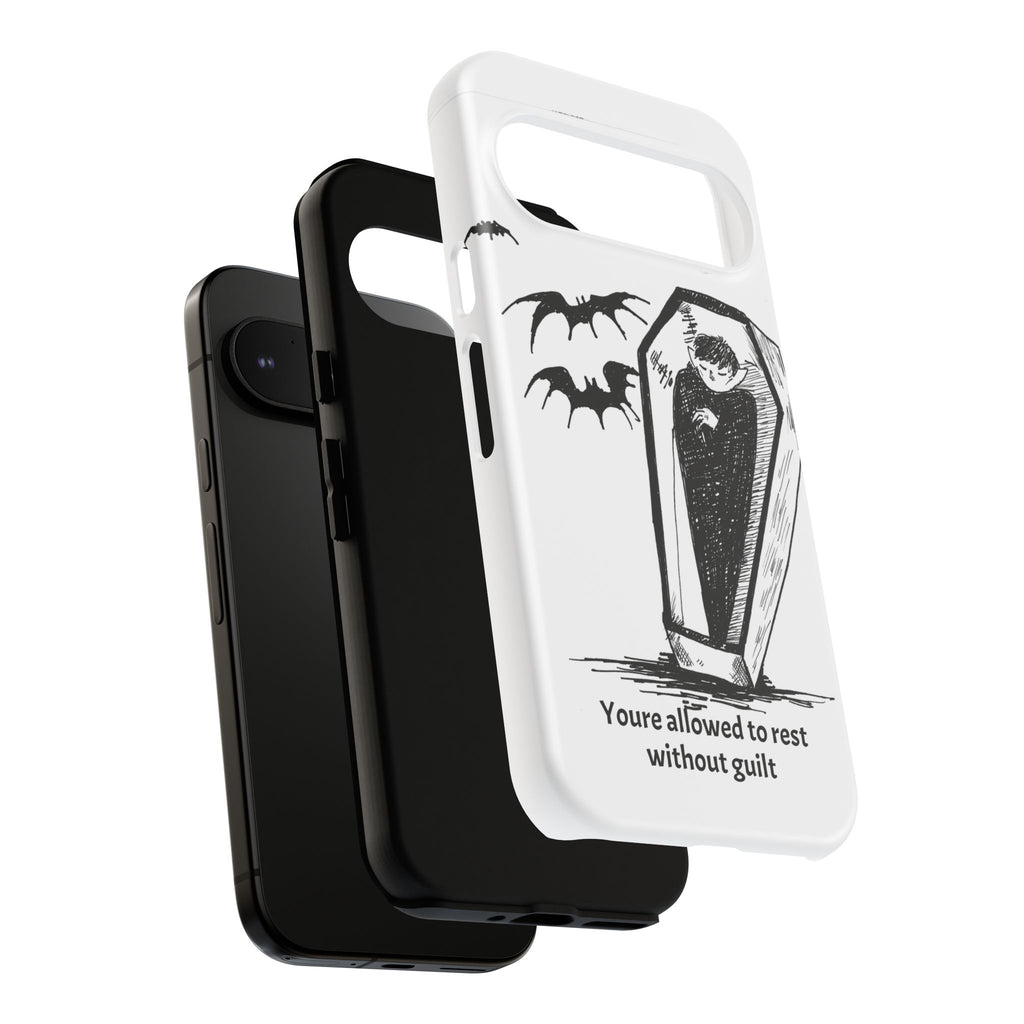 Phone Case Goth Coffin Illustration with “You’re allowed to rest without guilt”