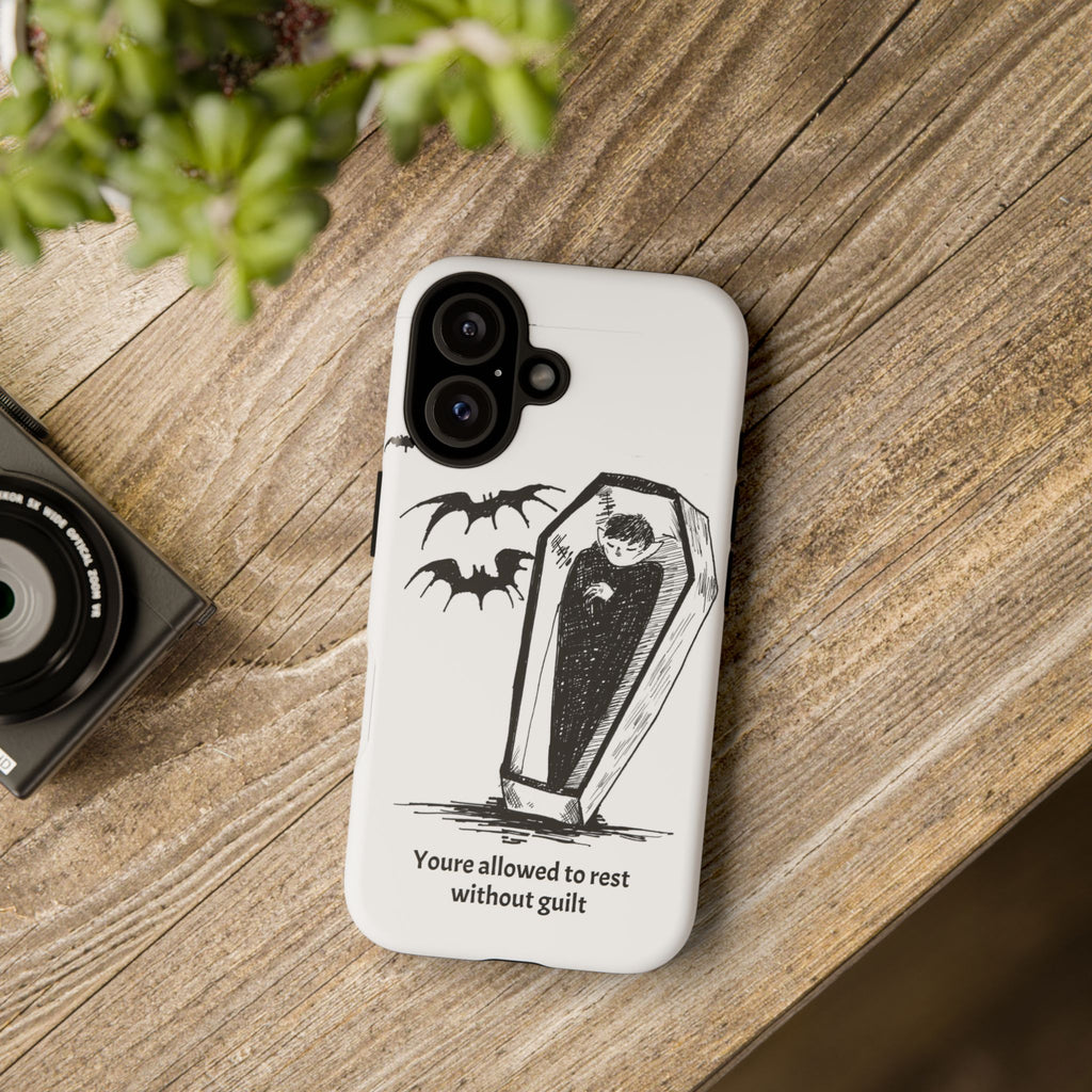 Phone Case Goth Coffin Illustration with “You’re allowed to rest without guilt”