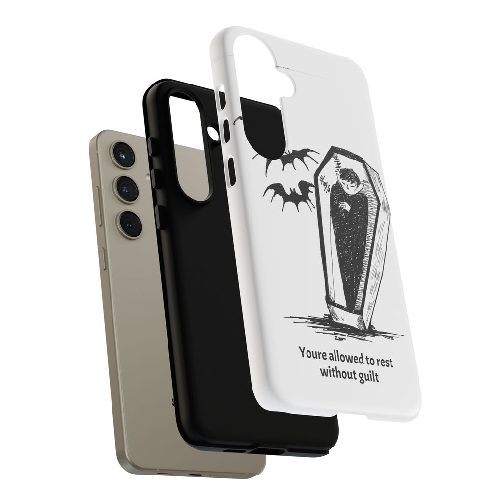 Phone Case Goth Coffin Illustration with “You’re allowed to rest without guilt”