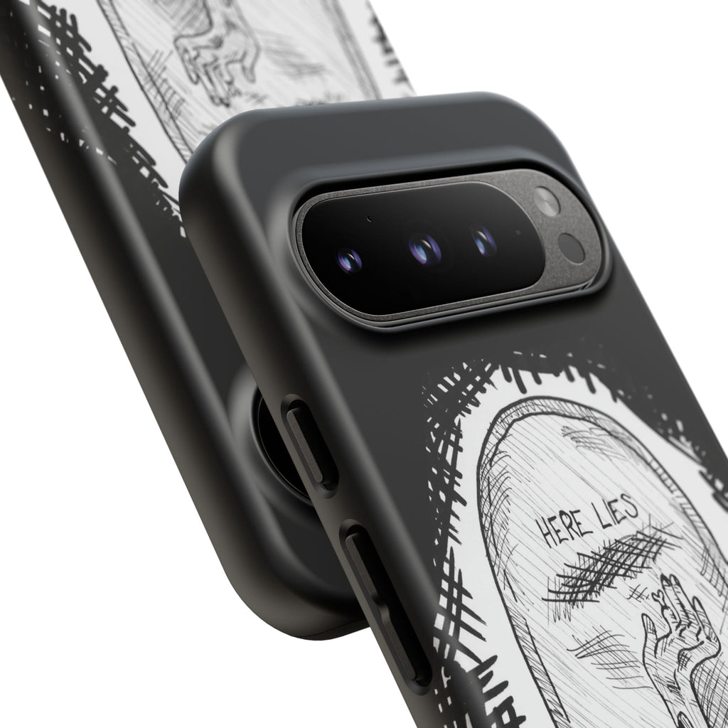 Phone Case 'Here Lies' Gothic Tombstone Design (Don’t Stay Buried, Rise Again)