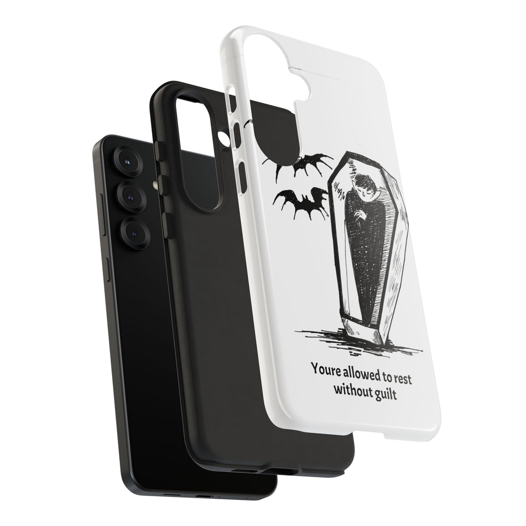 Phone Case Goth Coffin Illustration with “You’re allowed to rest without guilt”