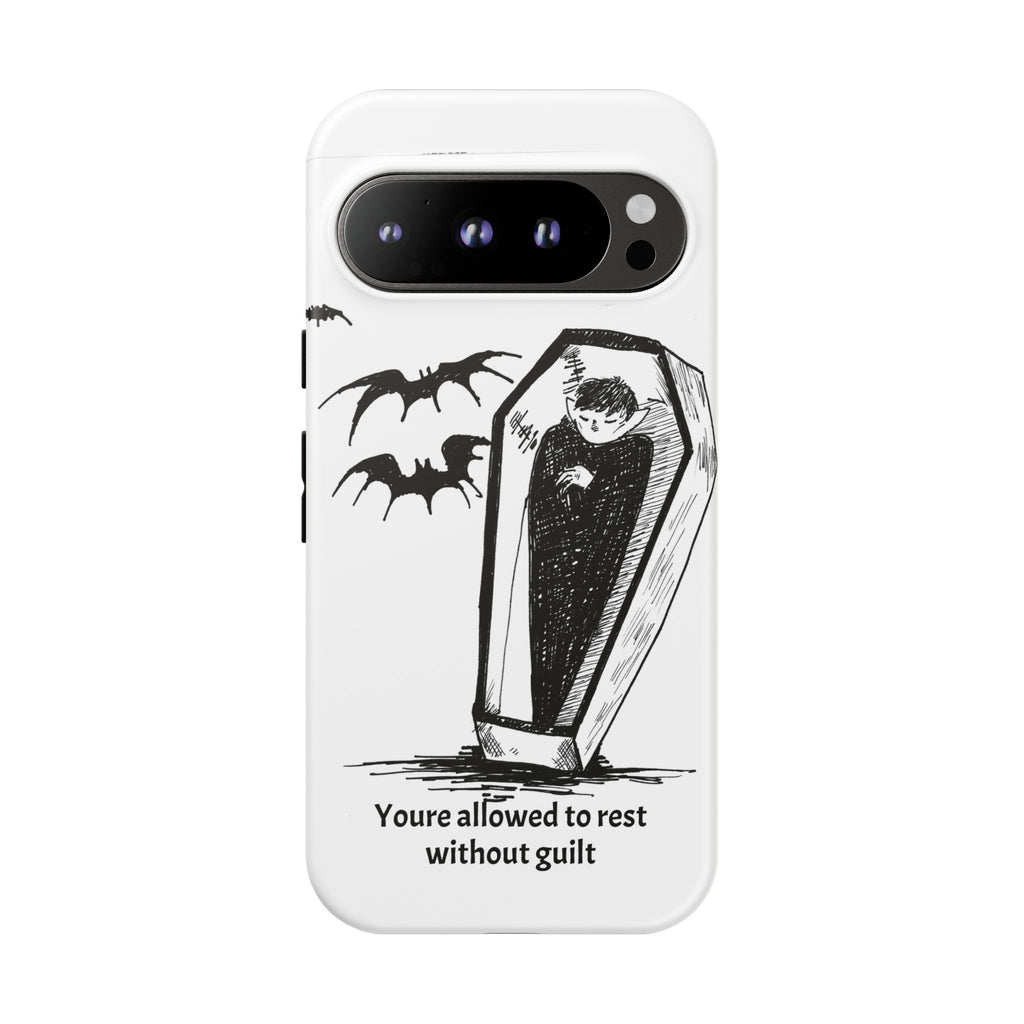 Phone Case Goth Coffin Illustration with “You’re allowed to rest without guilt”