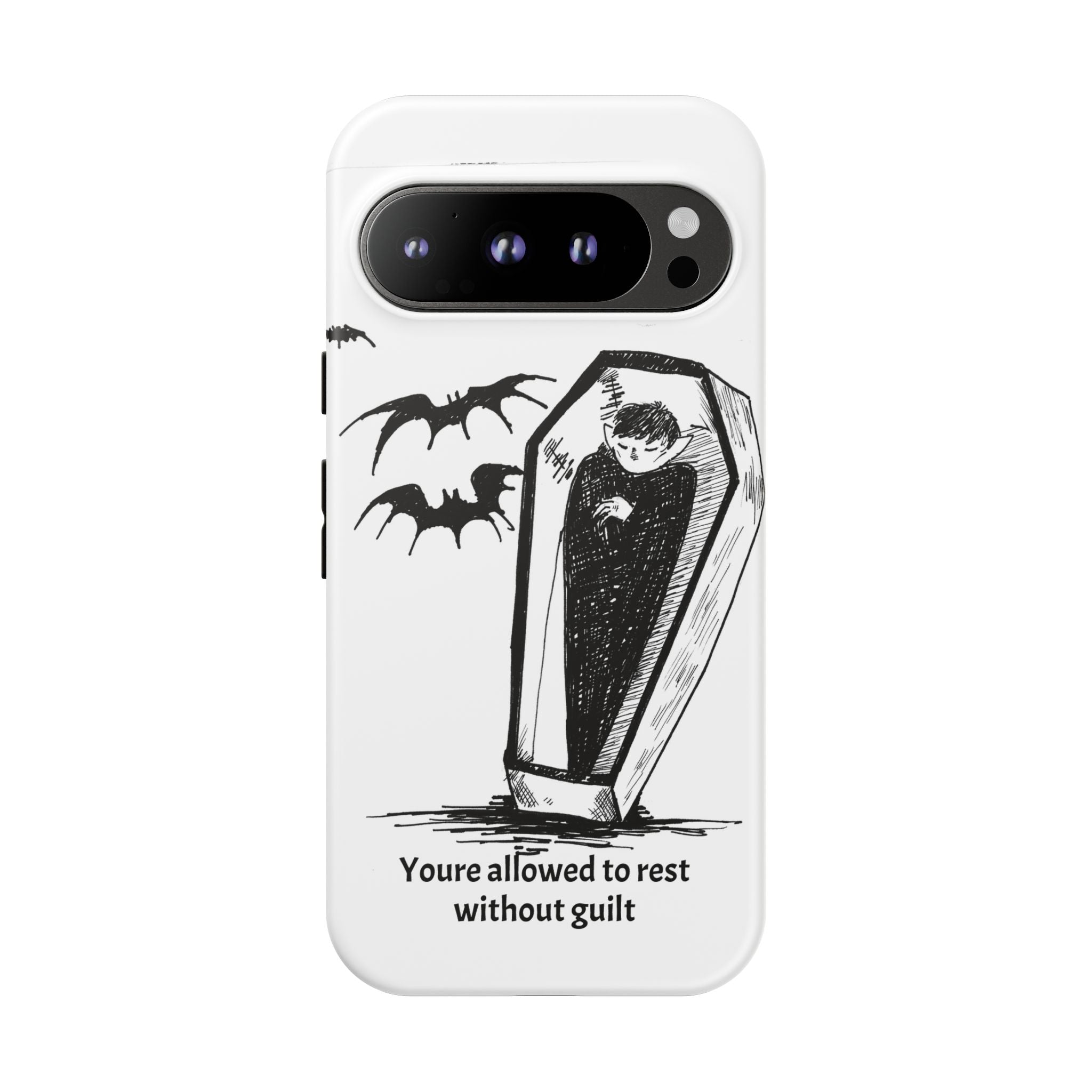 Phone Case Goth Coffin Illustration with “You’re allowed to rest without guilt”