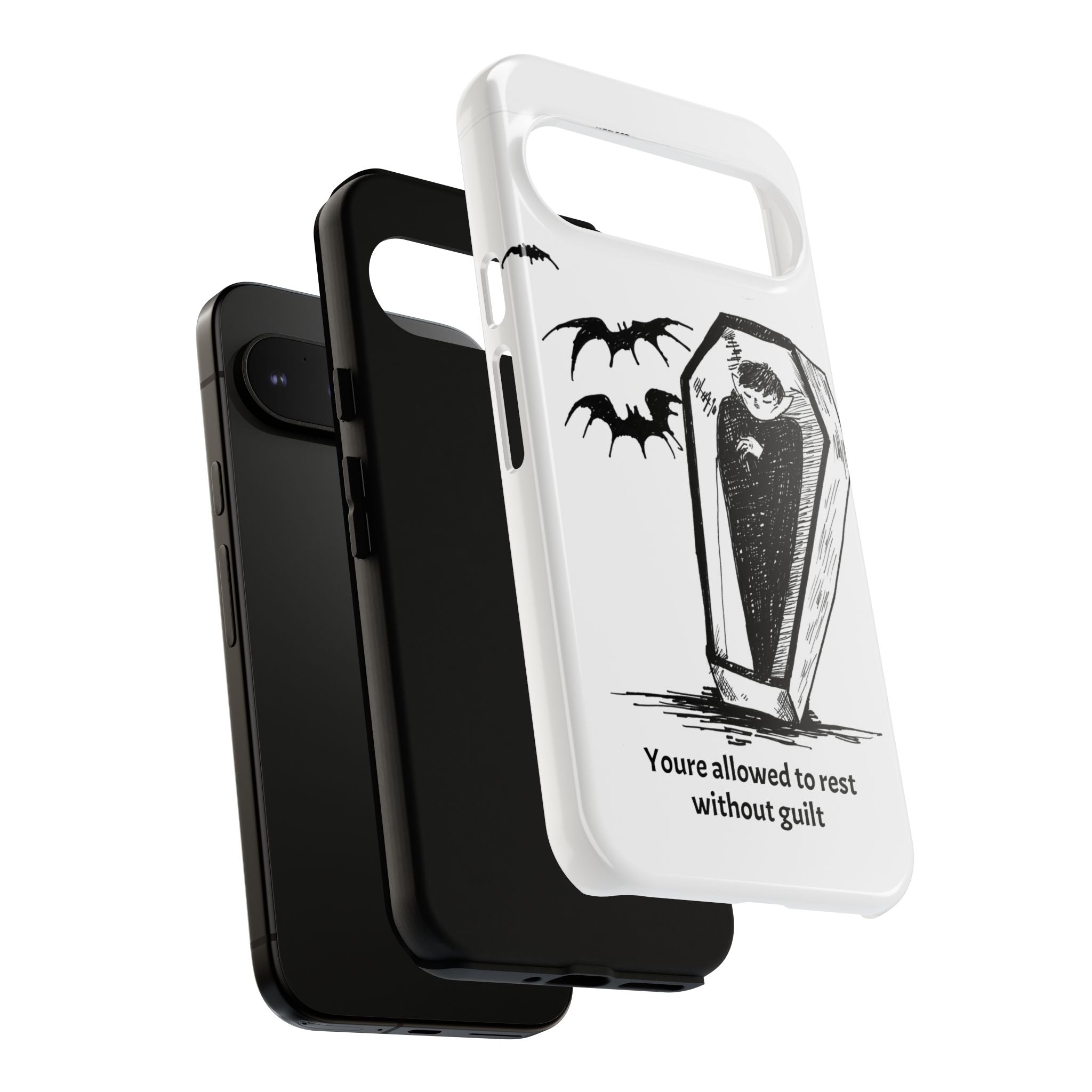 Phone Case Goth Coffin Illustration with “You’re allowed to rest without guilt”